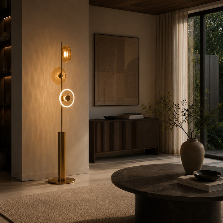 Modern Floor Lamp with Adjustable Lighting Cracked Glass Shade Metal Base Indoor Use