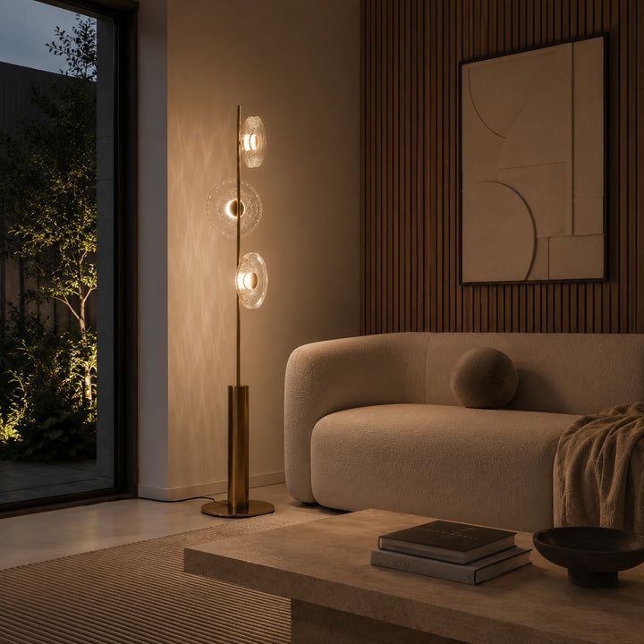 Modern Floor Lamp with Adjustable Lighting Cracked Glass Shade Metal Base Indoor Use