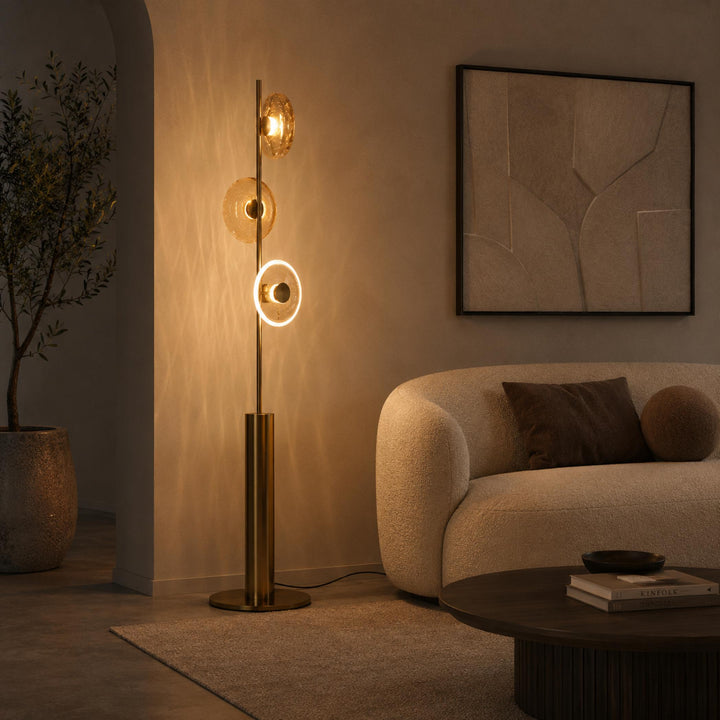 Modern Floor Lamp with Adjustable Lighting Cracked Glass Shade Metal Base Indoor Use