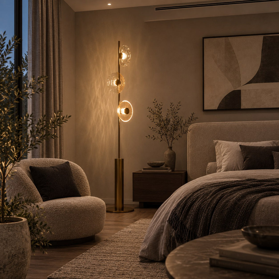 Modern Floor Lamp with Adjustable Lighting Cracked Glass Shade Metal Base Indoor Use