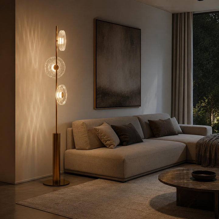 Modern Floor Lamp with Adjustable Lighting Cracked Glass Shade Metal Base Indoor Use