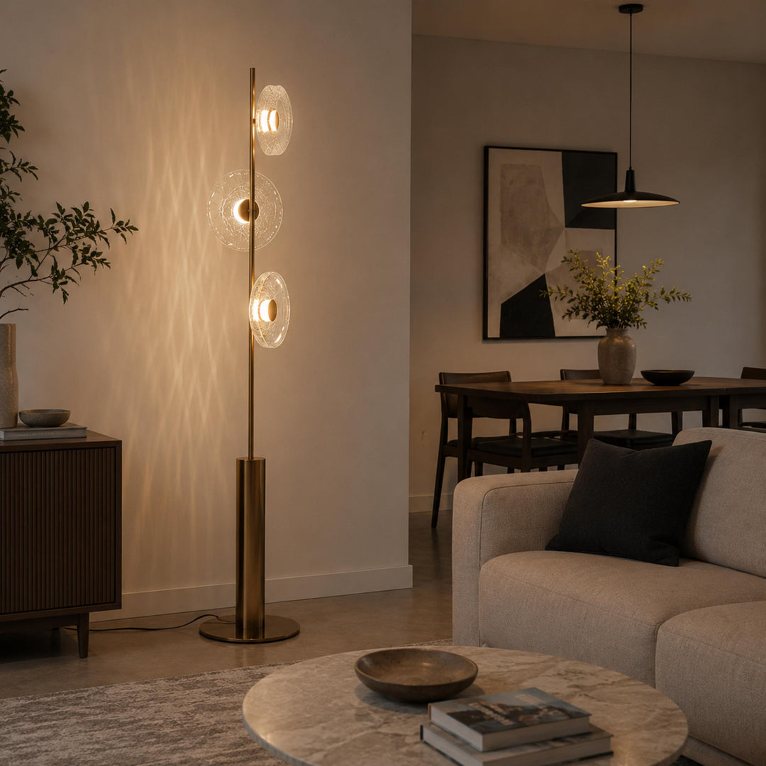 Modern Floor Lamp with Adjustable Lighting Cracked Glass Shade Metal Base Indoor Use