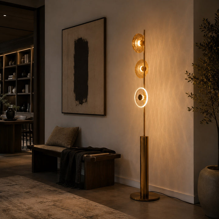 Modern Floor Lamp with Adjustable Lighting Cracked Glass Shade Metal Base Indoor Use