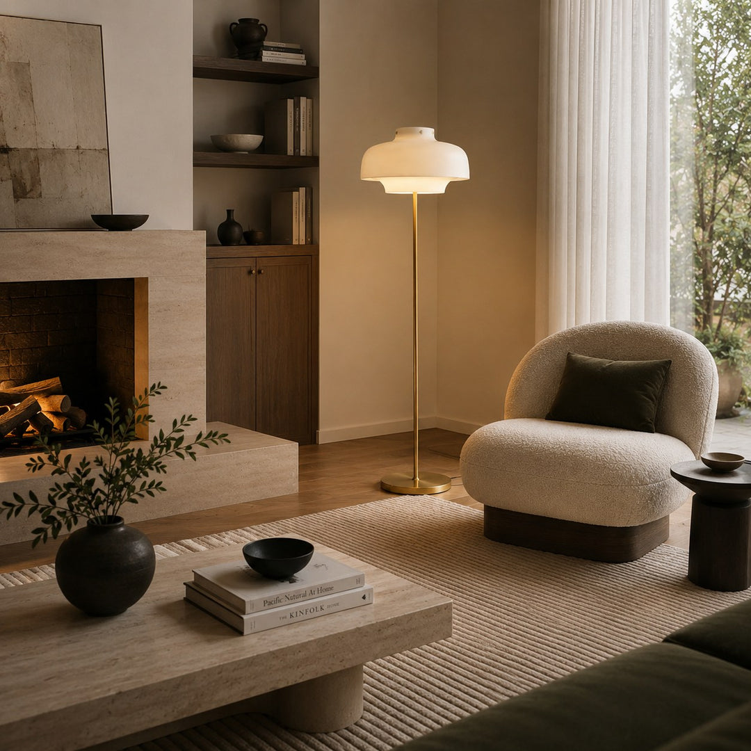 Modern Floor Lamp with Opaline Glass Shade and Gold Metal Base LED Adjustable Height 150cm
