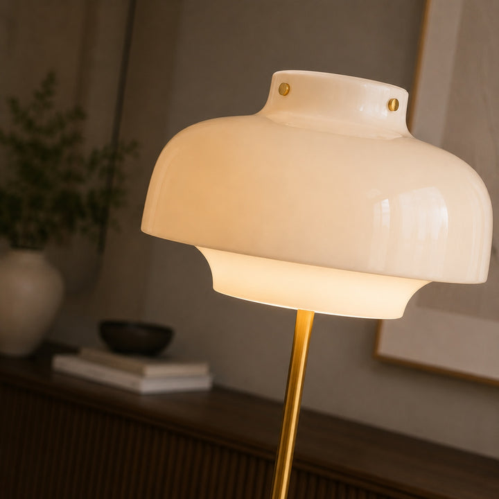 Modern Floor Lamp with Opaline Glass Shade and Gold Metal Base LED Adjustable Height 150cm