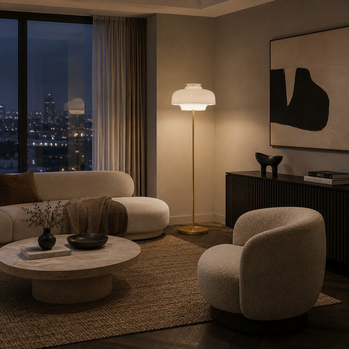 Modern Floor Lamp with Opaline Glass Shade and Gold Metal Base LED Adjustable Height 150cm