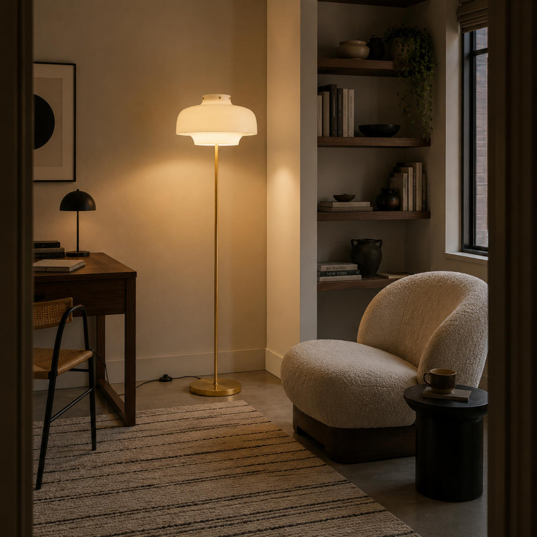 Modern Floor Lamp with Opaline Glass Shade and Gold Metal Base LED Adjustable Height 150cm