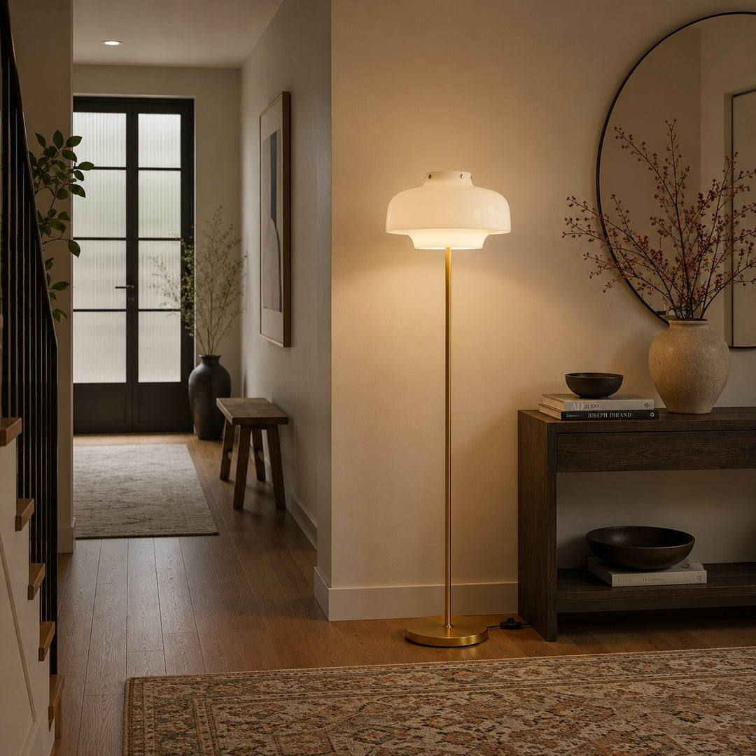 Modern Floor Lamp with Opaline Glass Shade and Gold Metal Base LED Adjustable Height 150cm