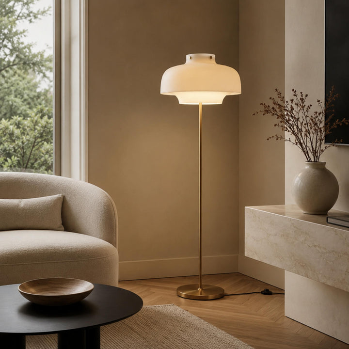 Modern Floor Lamp with Opaline Glass Shade and Gold Metal Base LED Adjustable Height 150cm