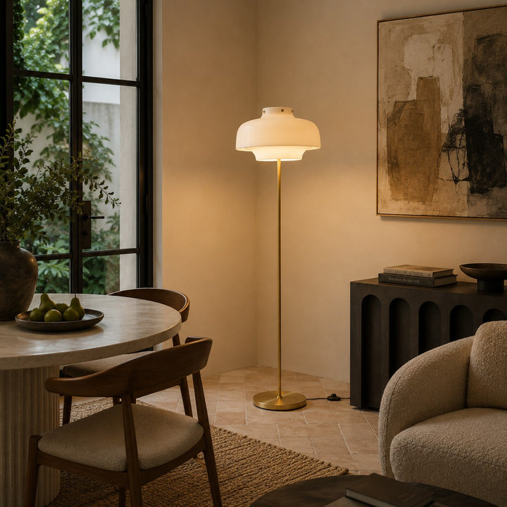 Modern Floor Lamp with Opaline Glass Shade and Gold Metal Base LED Adjustable Height 150cm