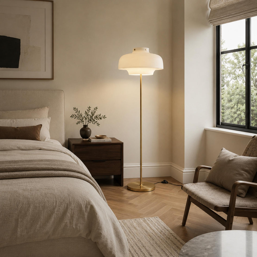 Modern Floor Lamp with Opaline Glass Shade and Gold Metal Base LED Adjustable Height 150cm