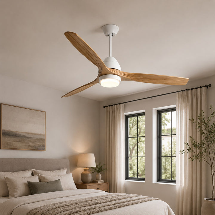 Modern Flush Mount Ceiling Fan with Lights Black Wood Blades LED Dimmable Remote Control 52 Inch