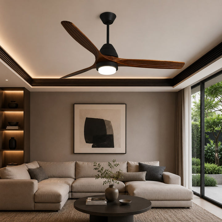 Modern Flush Mount Ceiling Fan with Lights Black Wood Blades LED Dimmable Remote Control 52 Inch