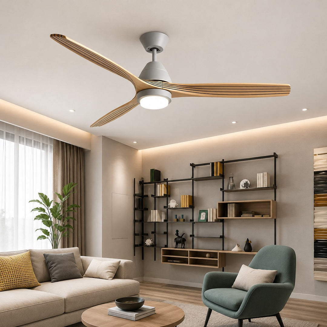 Modern Flush Mount Ceiling Fan with Lights Black Wood Blades LED Dimmable Remote Control 52 Inch