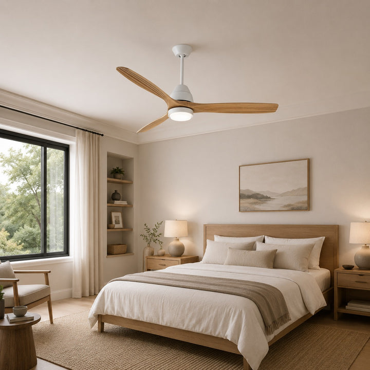 Modern Flush Mount Ceiling Fan with Lights Black Wood Blades LED Dimmable Remote Control 52 Inch
