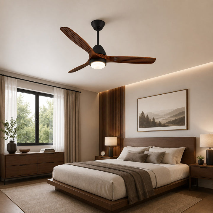 Modern Flush Mount Ceiling Fan with Lights Black Wood Blades LED Dimmable Remote Control 52 Inch