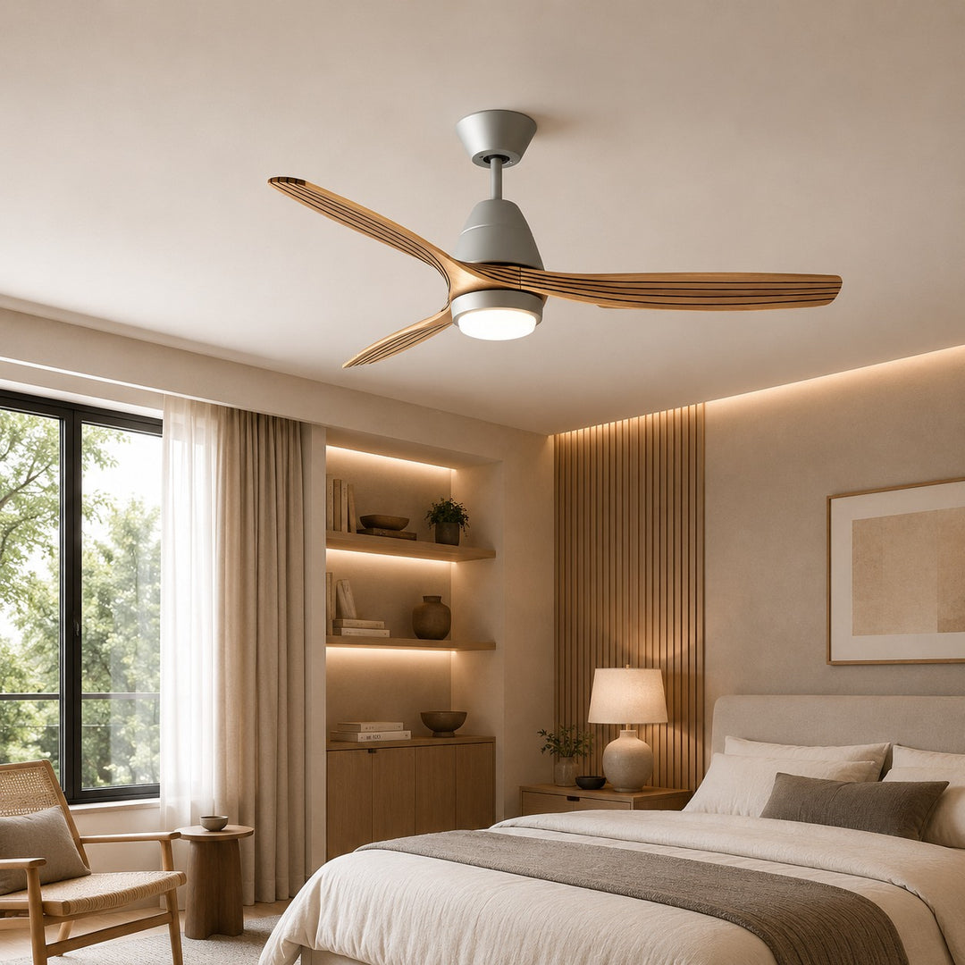 Modern Flush Mount Ceiling Fan with Lights Black Wood Blades LED Dimmable Remote Control 52 Inch