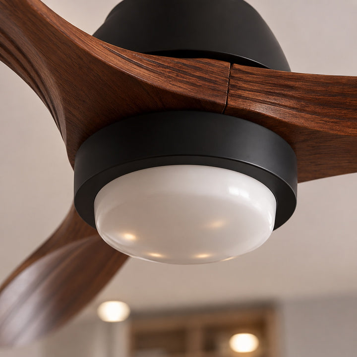 Modern Flush Mount Ceiling Fan with Lights Black Wood Blades LED Dimmable Remote Control 52 Inch