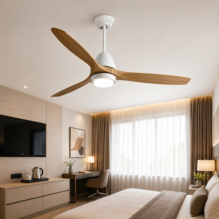 Modern Flush Mount Ceiling Fan with Lights Black Wood Blades LED Dimmable Remote Control 52 Inch
