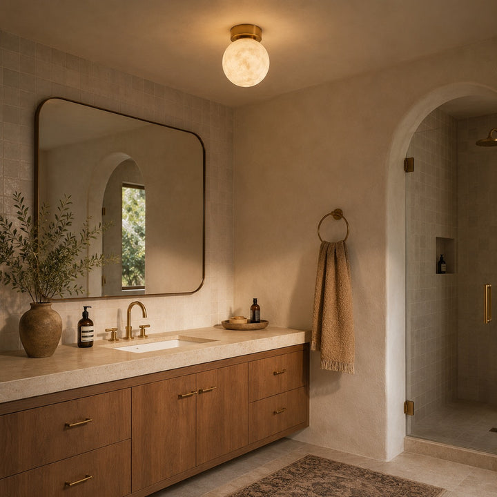 Modern Flush Mount Ceiling Light Copper Alabaster Marble Soft Ambient Glow Fixture