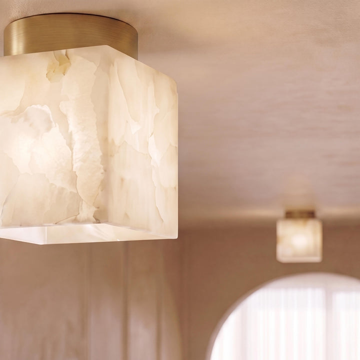 Modern Flush Mount Ceiling Light Copper Alabaster Marble Soft Ambient Glow Fixture