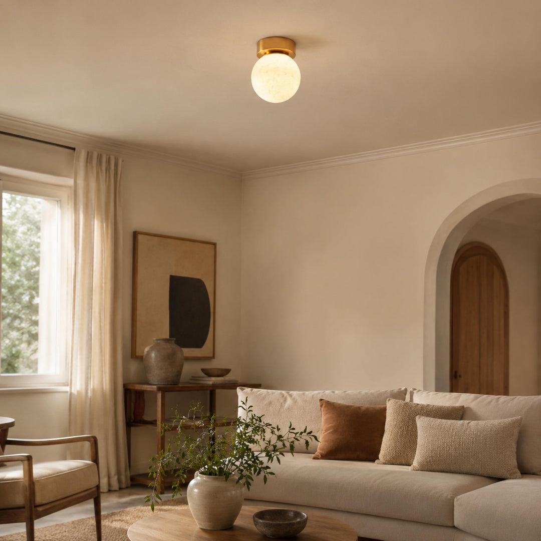Modern Flush Mount Ceiling Light Copper Alabaster Marble Soft Ambient Glow Fixture