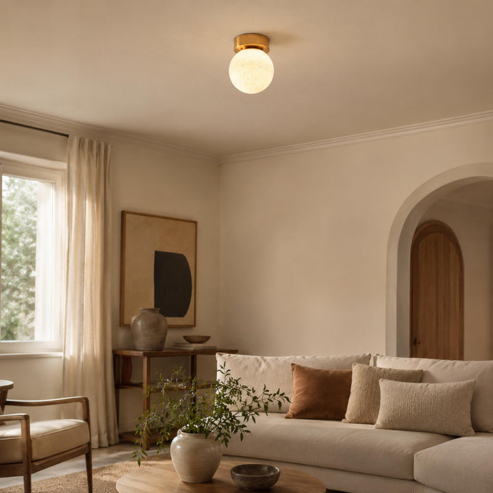 Modern Flush Mount Ceiling Light Copper Alabaster Marble Soft Ambient Glow Fixture