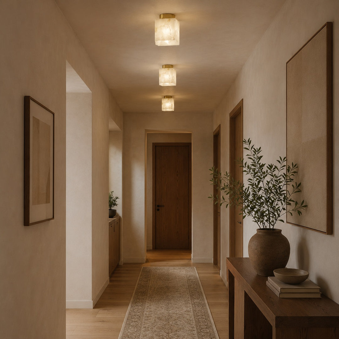 Modern Flush Mount Ceiling Light Copper Alabaster Marble Soft Ambient Glow Fixture