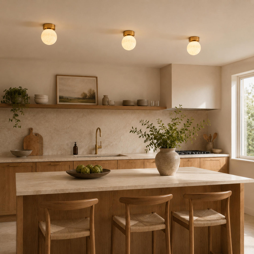 Modern Flush Mount Ceiling Light Copper Alabaster Marble Soft Ambient Glow Fixture