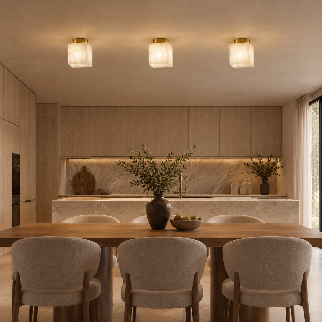 Modern Flush Mount Ceiling Light Copper Alabaster Marble Soft Ambient Glow Fixture