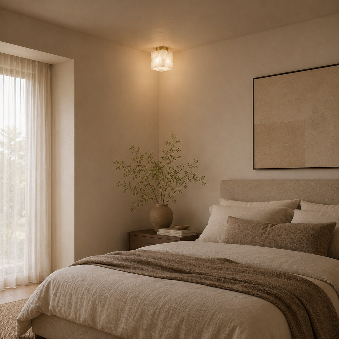 Modern Flush Mount Ceiling Light Copper Alabaster Marble Soft Ambient Glow Fixture