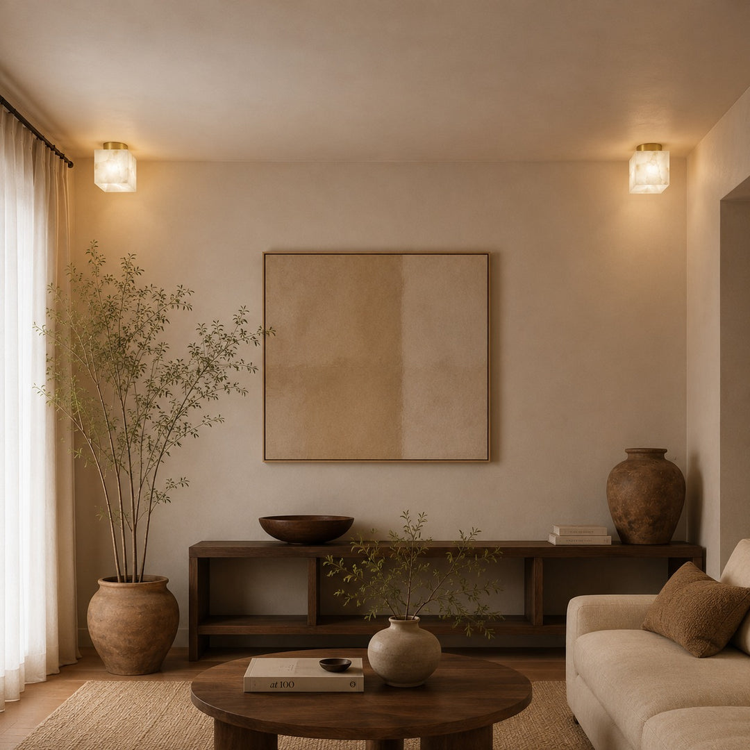 Modern Flush Mount Ceiling Light Copper Alabaster Marble Soft Ambient Glow Fixture