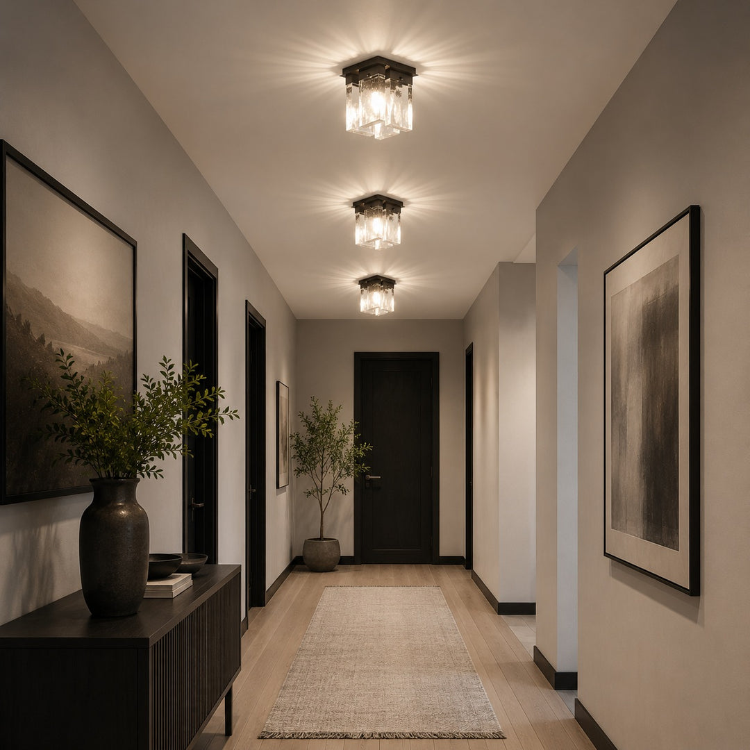 Modern Flush Mount Ceiling Light Geometric Design Copper Iron Textured Glass LED Ambient Glow