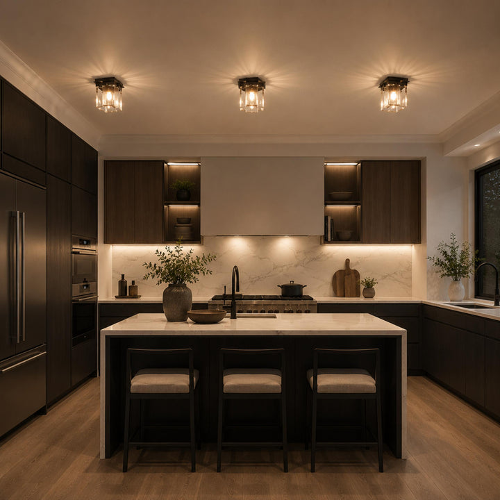 Modern Flush Mount Ceiling Light Geometric Design Copper Iron Textured Glass LED Ambient Glow