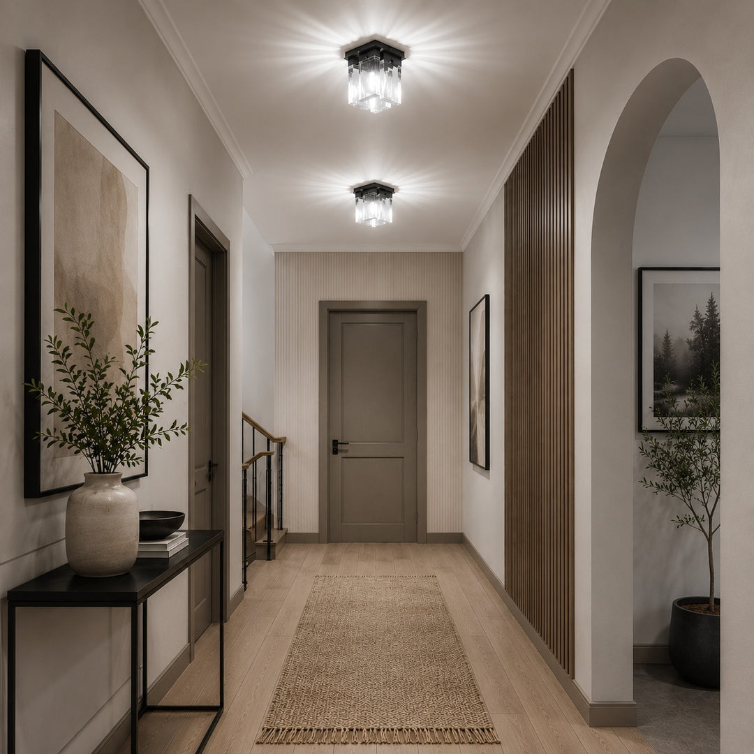 Modern Flush Mount Ceiling Light Geometric Design Copper Iron Textured Glass LED Ambient Glow