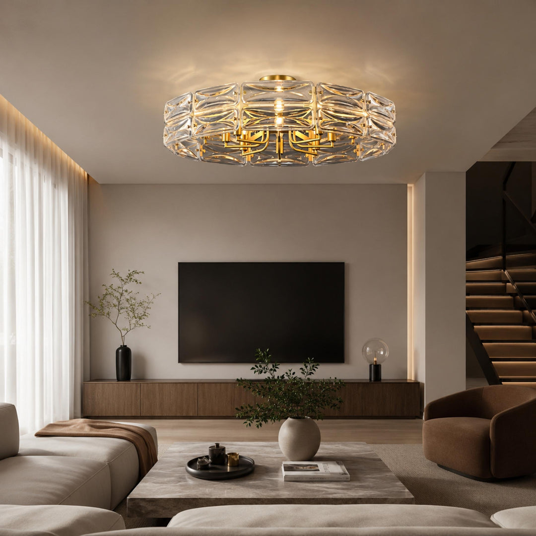 Modern Flush Mount Ceiling Light Geometric Glass Shade Copper Frame Ambient Lighting