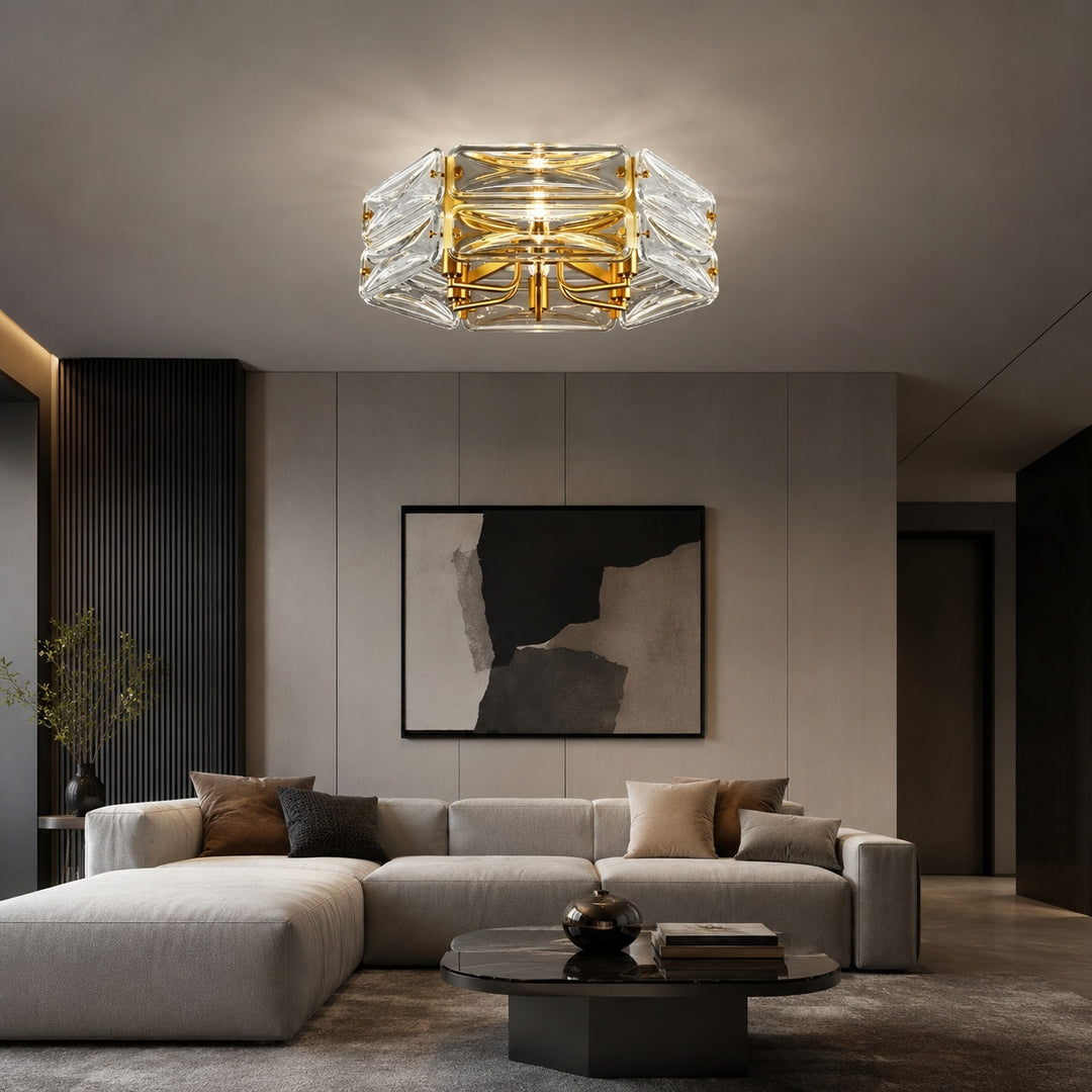 Modern Flush Mount Ceiling Light Geometric Glass Shade Copper Frame Ambient Lighting
