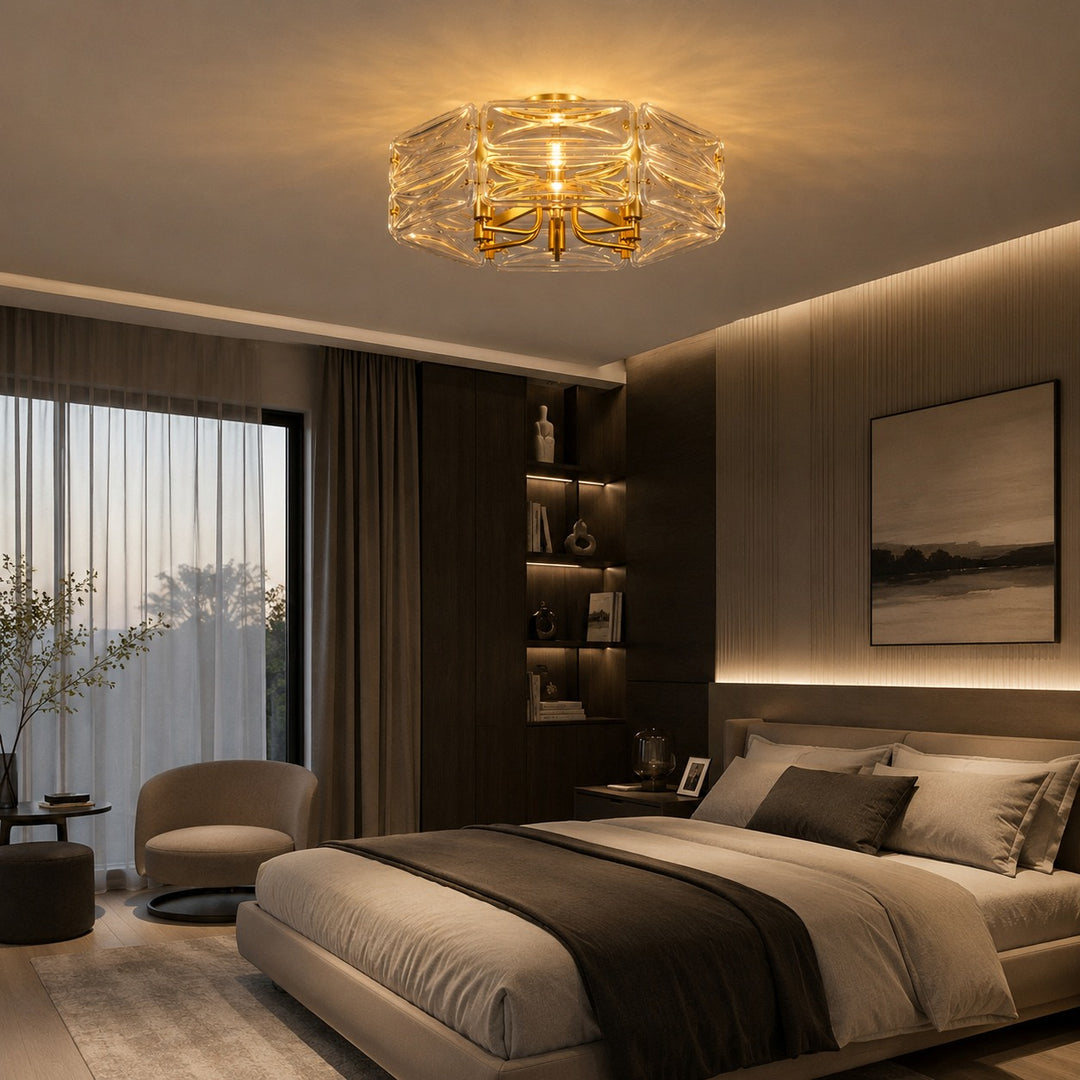 Modern Flush Mount Ceiling Light Geometric Glass Shade Copper Frame Ambient Lighting