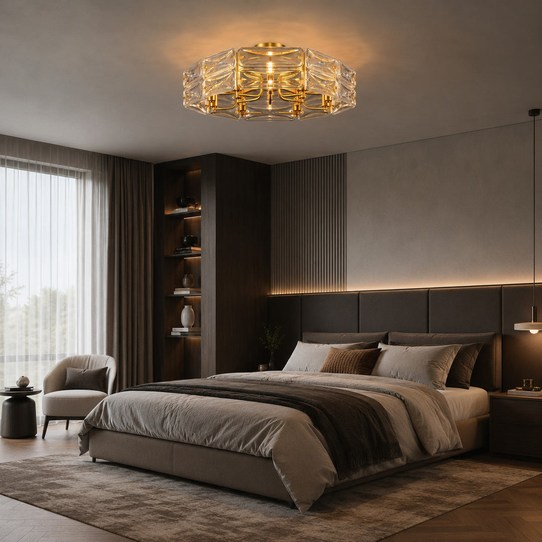 Modern Flush Mount Ceiling Light Geometric Glass Shade Copper Frame Ambient Lighting