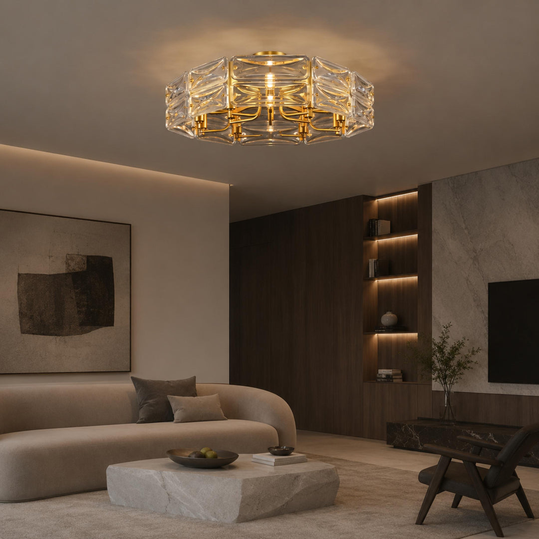 Modern Flush Mount Ceiling Light Geometric Glass Shade Copper Frame Ambient Lighting