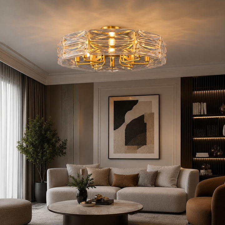 Modern Flush Mount Ceiling Light Geometric Glass Shade Copper Frame Ambient Lighting