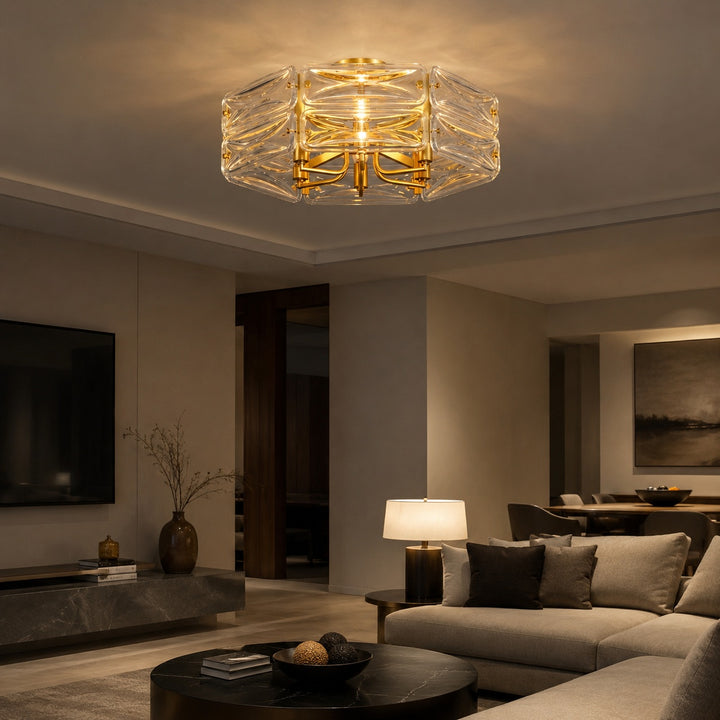 Modern Flush Mount Ceiling Light Geometric Glass Shade Copper Frame Ambient Lighting