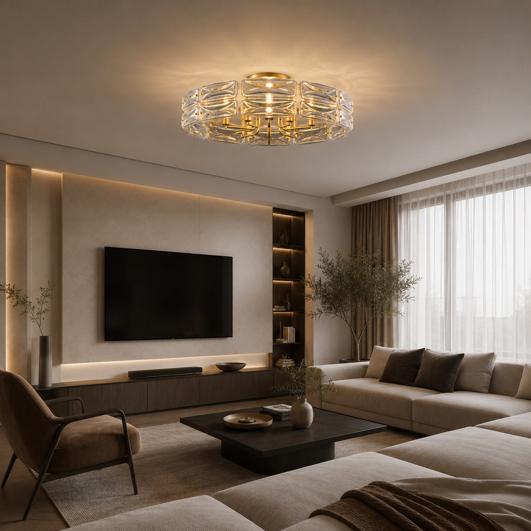 Modern Flush Mount Ceiling Light Geometric Glass Shade Copper Frame Ambient Lighting