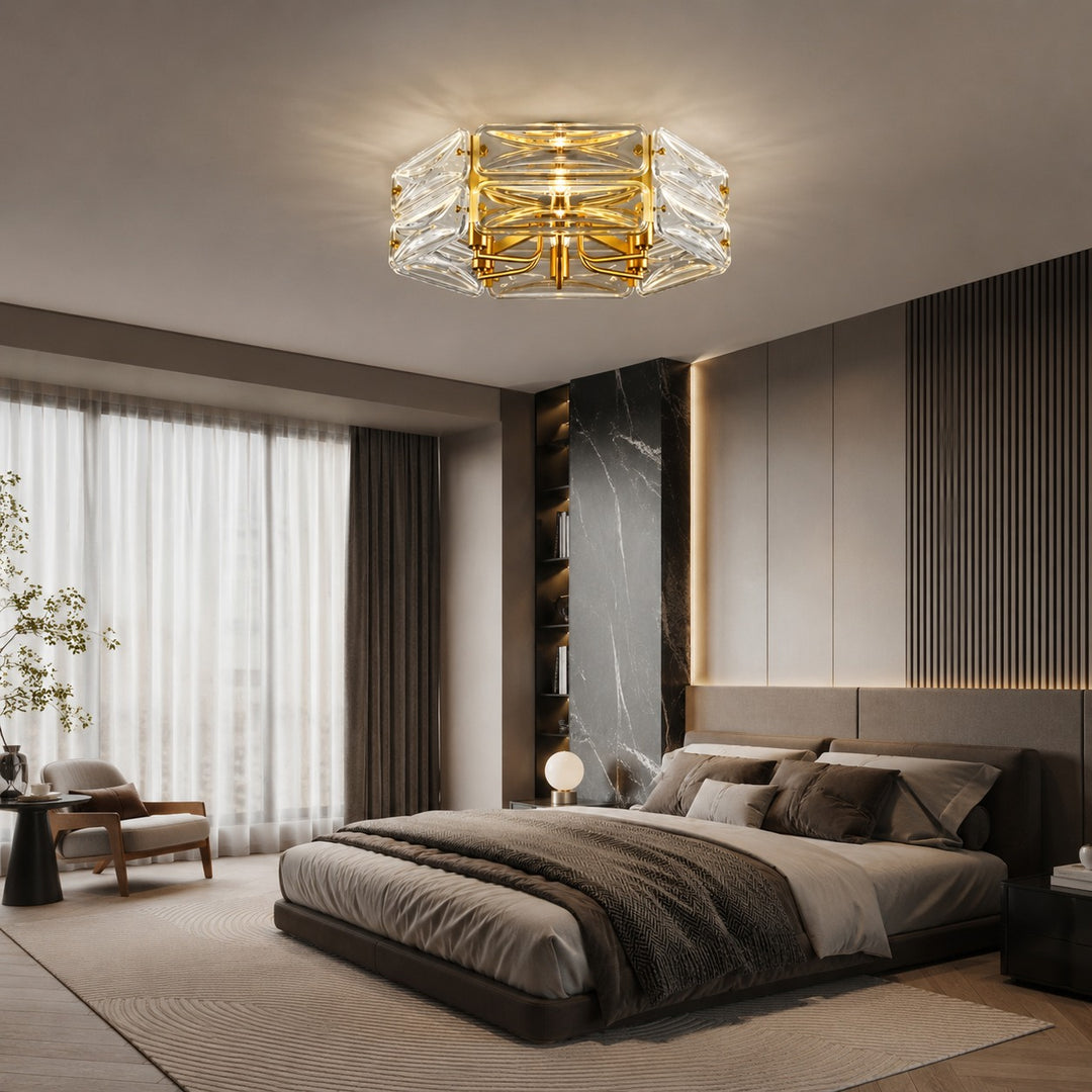 Modern Flush Mount Ceiling Light Geometric Glass Shade Copper Frame Ambient Lighting