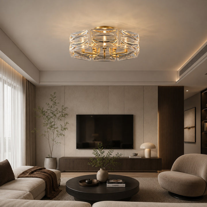 Modern Flush Mount Ceiling Light Geometric Glass Shade Copper Frame Ambient Lighting
