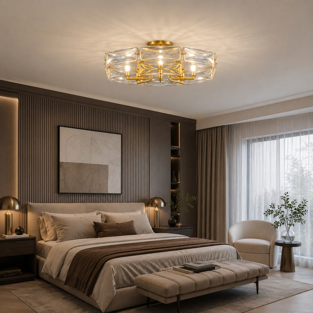 Modern Flush Mount Ceiling Light Geometric Glass Shade Copper Frame Ambient Lighting
