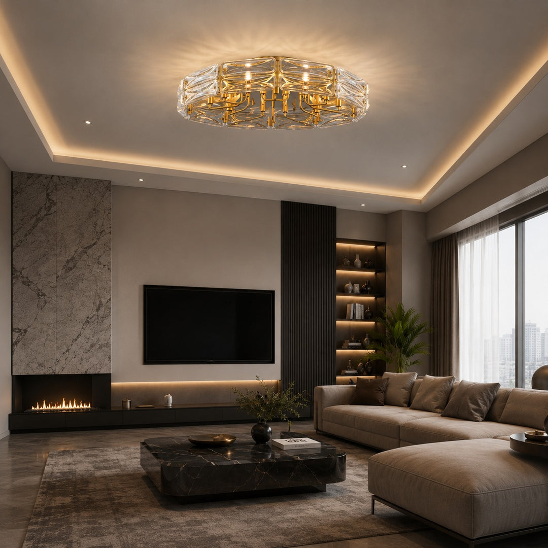 Modern Flush Mount Ceiling Light Geometric Glass Shade Copper Frame Ambient Lighting