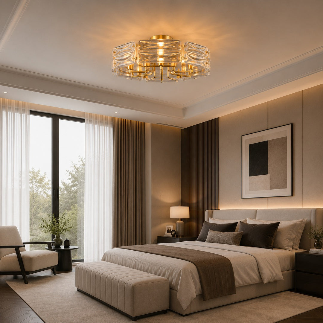 Modern Flush Mount Ceiling Light Geometric Glass Shade Copper Frame Ambient Lighting