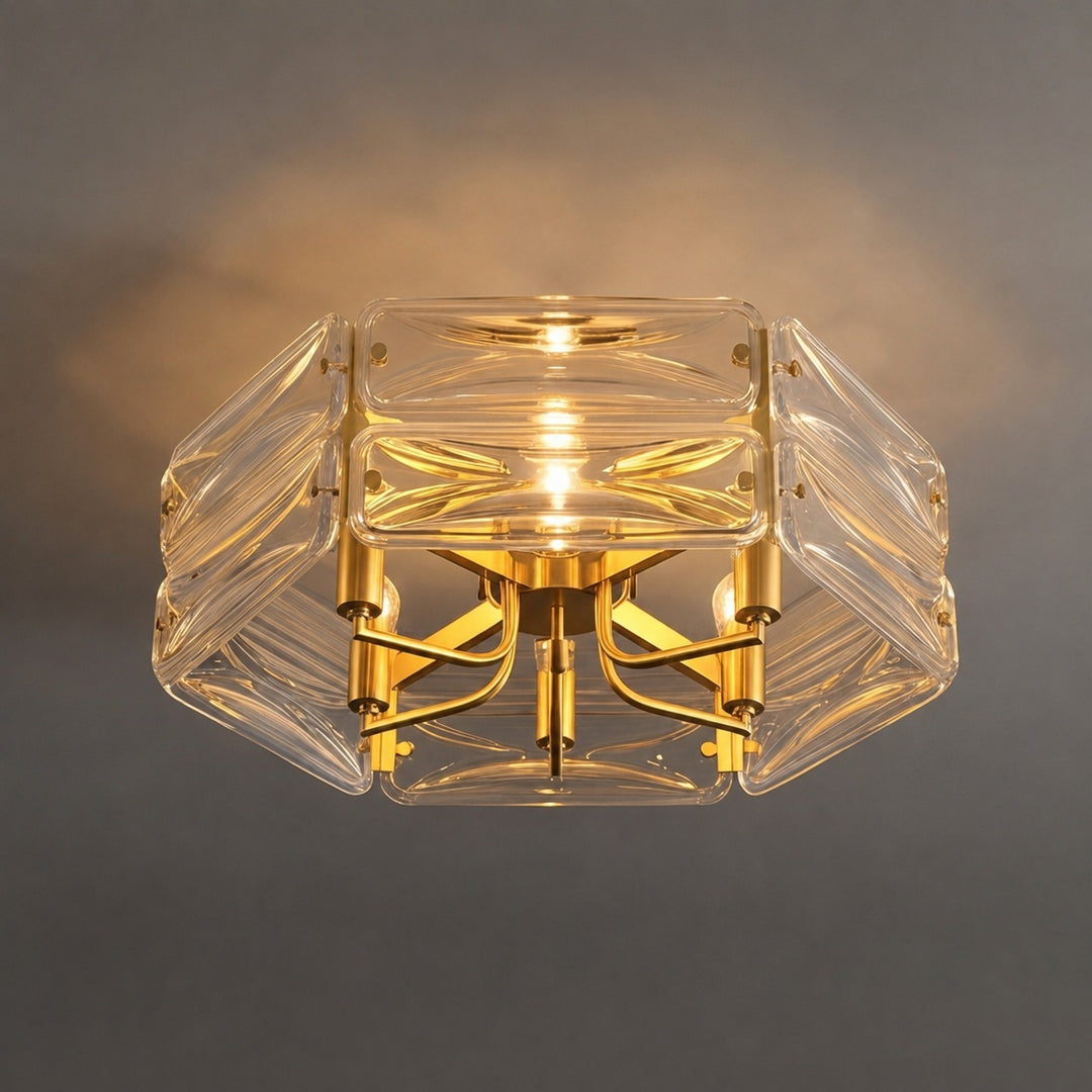 Modern Flush Mount Ceiling Light Geometric Glass Shade Copper Frame Ambient Lighting