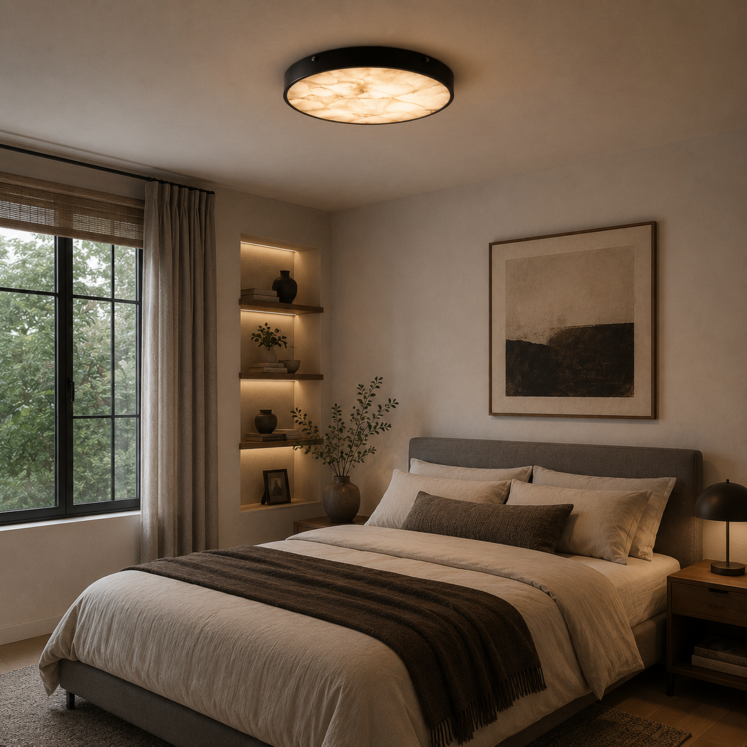 Modern Flush Mount Ceiling Light with Copper Iron and Marble Diffuser for Soft Even Illumination